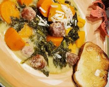 Easy Recipe Autumn Sweet Potato Chowder with Kale and Sausage Yummy