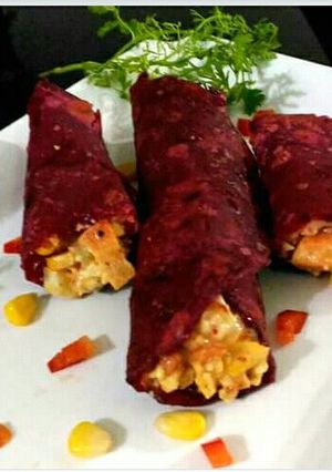 A picture of Beetroot roti roll.