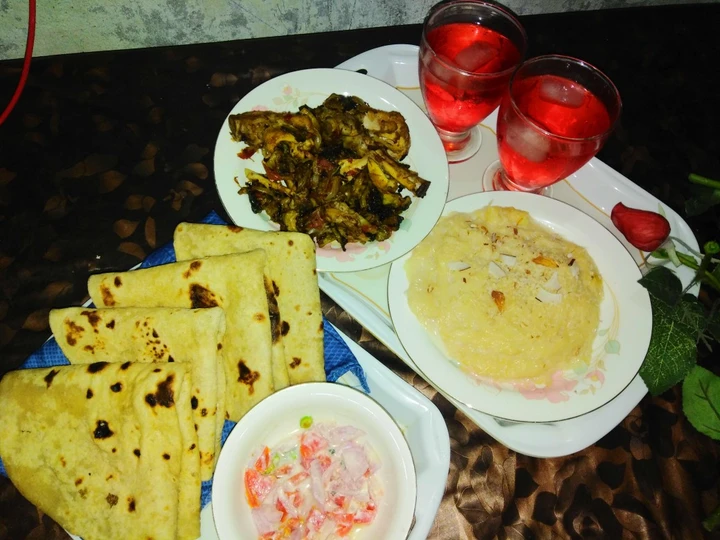 Simple Way Prepare Recipe Chicken karaily and sheer khurma with rooti salad and drink that is So Delicious, Tasty}