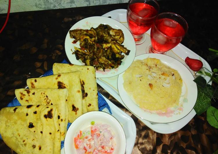 Chicken karaily and sheer khurma with rooti salad and drink