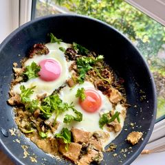 A picture of Gorgonzola & Mushrooms Eggs with Spinach and Dates.