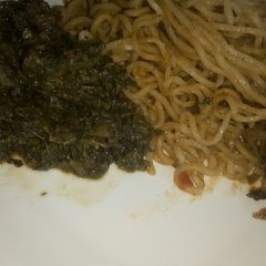 A picture of Beef noodles with mchicha.