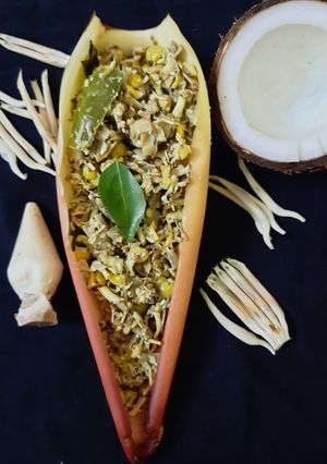 A picture of Vazhaipoo (banana blossom) poriyal.