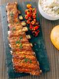 Costillas churrasco con mostaza, miel y mandarina