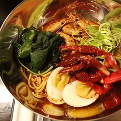 Spicy shrimp broth Ramen A picture of Spicy shrimp broth Ramen.