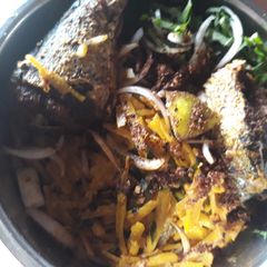 A picture of Abacha with fish.
