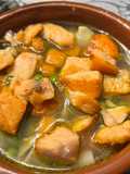 Sopa de boniato, guisantes, salmón y miso blanco !!!