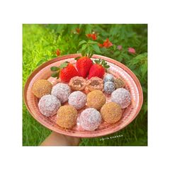Strawberry Coconut Laddoo with Almond Chocolate Mawa filling A picture of Strawberry Coconut Laddoo with Almond Chocolate Mawa filling.