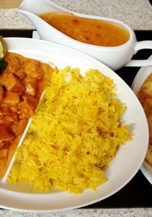A picture of Butter Chicken with Saffron Rice. 😁.
