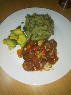 A picture of Mukimo served with beed stew and some avocado 😋.