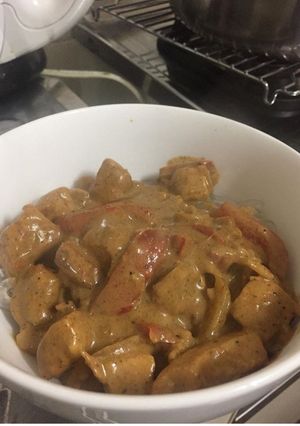 A picture of Pork stew and shirataki noodles.