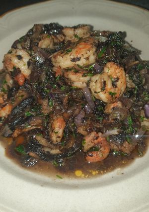 Una foto de Camarones&hongos portobello