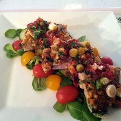 A picture of Tuna Steak with a sweet chilli sauce.