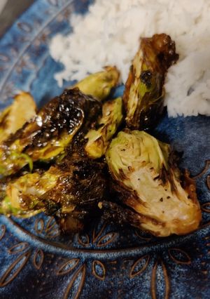 A picture of Air fryer brussel sprouts with honey balsamic.