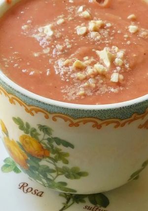 A picture of A hearty healthy Sweet potato beet soup.