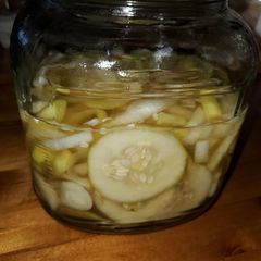 A picture of Dad's Cucumbers and Onions.