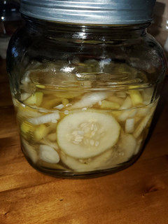 A picture of Dad's Cucumbers and Onions.