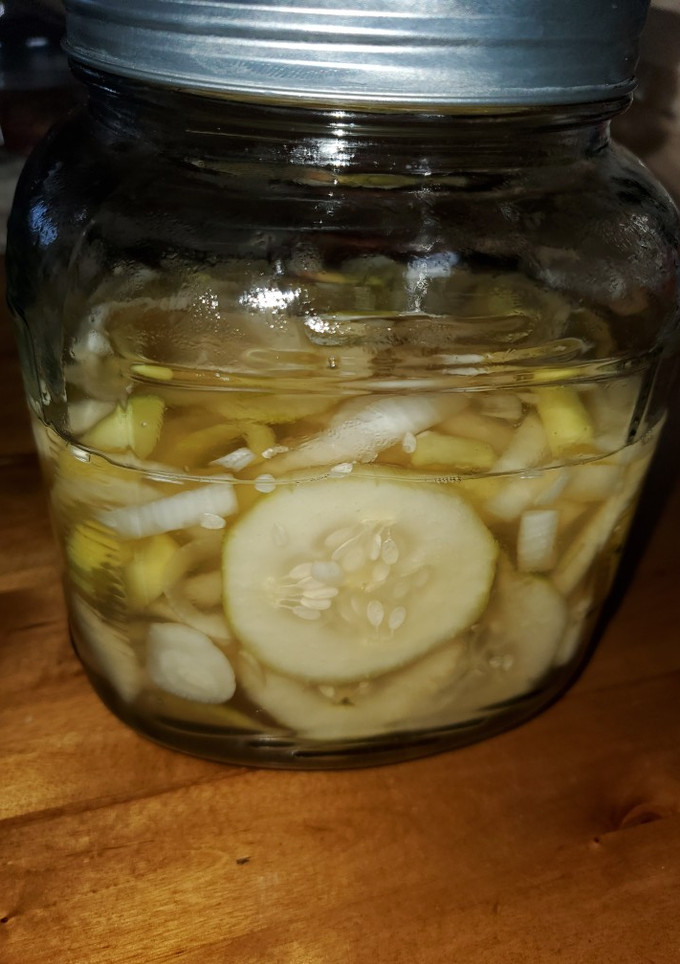 A picture of Dad's Cucumbers and Onions.