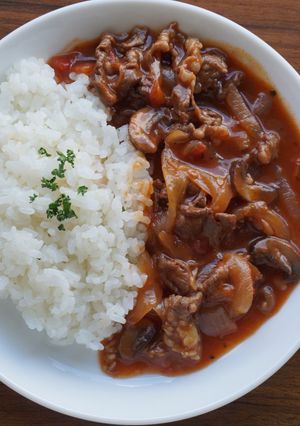 A picture of Japanese Hayashi Rice (Beef Stew over Rice).