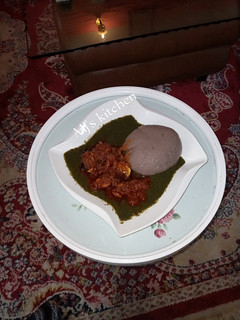 A picture of Amala and ewedu soup.