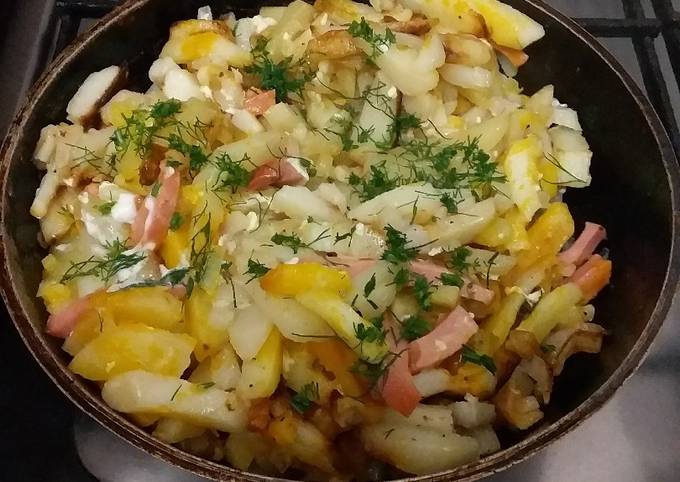 Картофель с колбасой и помидорами на сковороде