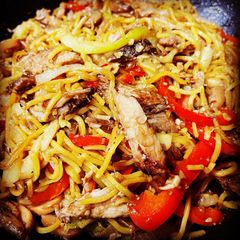 A picture of Leftover Roast Pork with Vegetable Chow Mein.