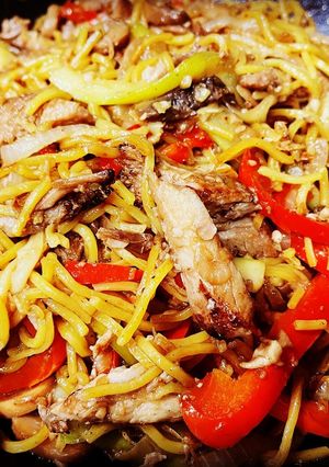 A picture of Leftover Roast Pork with Vegetable Chow Mein.