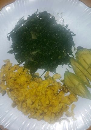 A picture of Eggs,kale and avocado.