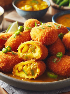 Una foto de Croquetas de pollo al curry rebozadas con quicos