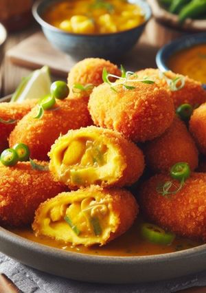Una foto de Croquetas de pollo al curry rebozadas con quicos