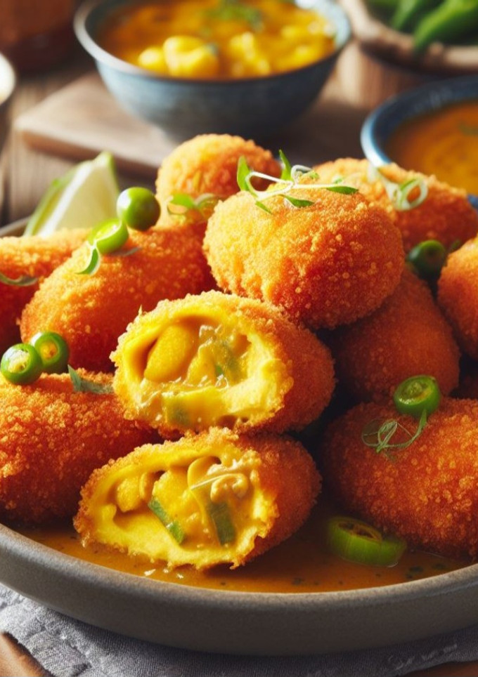 Una foto de Croquetas de pollo al curry rebozadas con quicos
