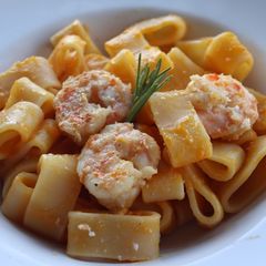 Pasta with pumpkin and shrimps A picture of Pasta with pumpkin and shrimps.
