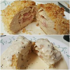 A picture of Chicken Cordon Bleu with Cheese Sauce.