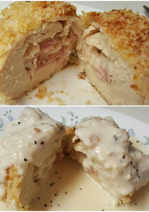 A picture of Chicken Cordon Bleu with Cheese Sauce.