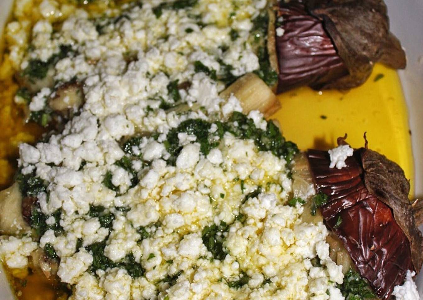 Aubergine with Olive Oil, Garlic, Parsley and Feta Cheese