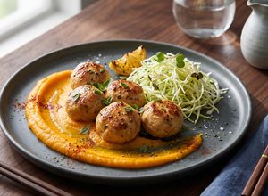 Una foto de 🧆Albóndigas Jugosas de Pollo (Meal Prep Fit con Puré y Ensalada)