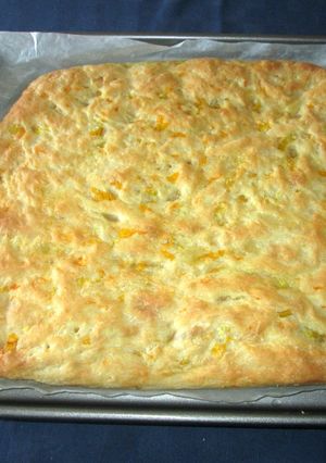 A picture of Focaccia with Zucchini Blossoms.