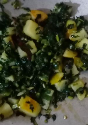 आलू और मूली के पत्तों की भुजिया (aloo aur mooli ke patte ki bhujiya recipe in Hindi) रेसिपी मुख्य फोटो
