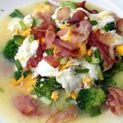 A picture of Brocoli And Egg Broth Top Bacon.