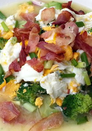 A picture of Brocoli And Egg Broth Top Bacon.