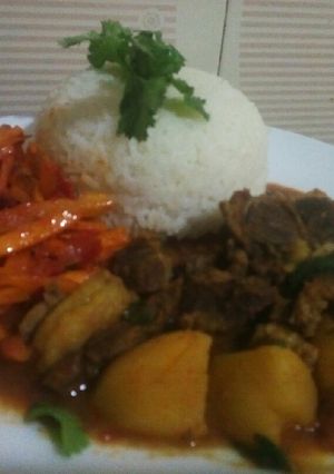 A picture of Rice with beef stew and carrot chillies.