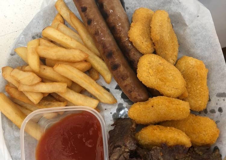 Suya, fries, hotdog and fish fillet