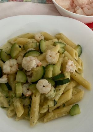 A picture of Creamy Zucchini and Shrimp Penne.