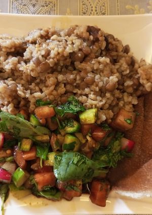A picture of Mujadara and Fattoush.