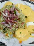 Arroz con pollo y papas a la huancaina