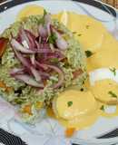 Arroz con pollo y papas a la huancaina