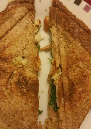 A picture of Cheesey chicken toastie wth spinach.