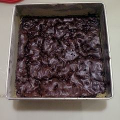 A picture of chocolate brownie with chocolate chips.