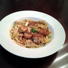 A picture of Cajun Seared Scallops with Piccada Sauced Angel Hair Pasta.