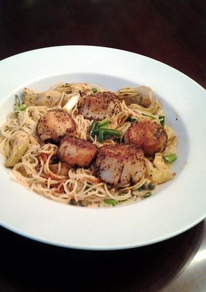 A picture of Cajun Seared Scallops with Piccada Sauced Angel Hair Pasta.